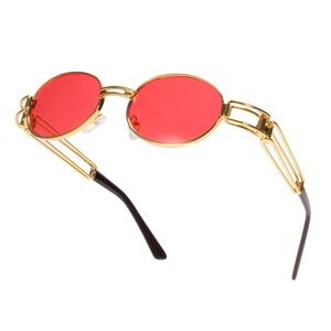 Oval Sunglasses Gold Frame Red Lens UV400 Protection Men Men Cholo Street‎ Wear